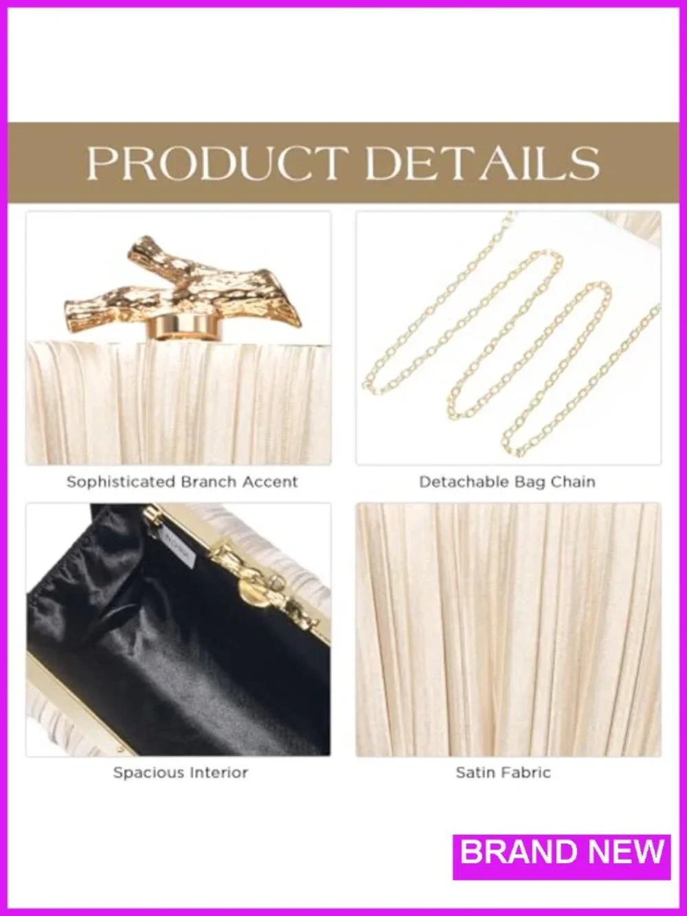Satin Clutch Purse with Clasp Closure, Detachable Chain Strap, Wedding Formal